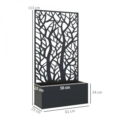 Jardinera Elevada con Panel de Privacidad de Ramas Decorativas de Metal y Opción de Montaje en Pared 61x23x113 cm Negro [1]