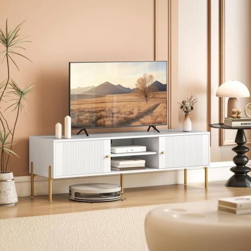 Mueble de TV Moderno con 2 Puertas 2 Estantes Abiertos Orificios Pasacables para TV 65 Pulgadas 140x38x45,9 cm Blanco
