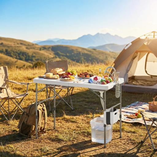 Mesa de Limpieza de Pescado Plegable con Altura Regulable Fregadero Grifo Manguera Cesta Plegable Ranuras y Bolsa [7]