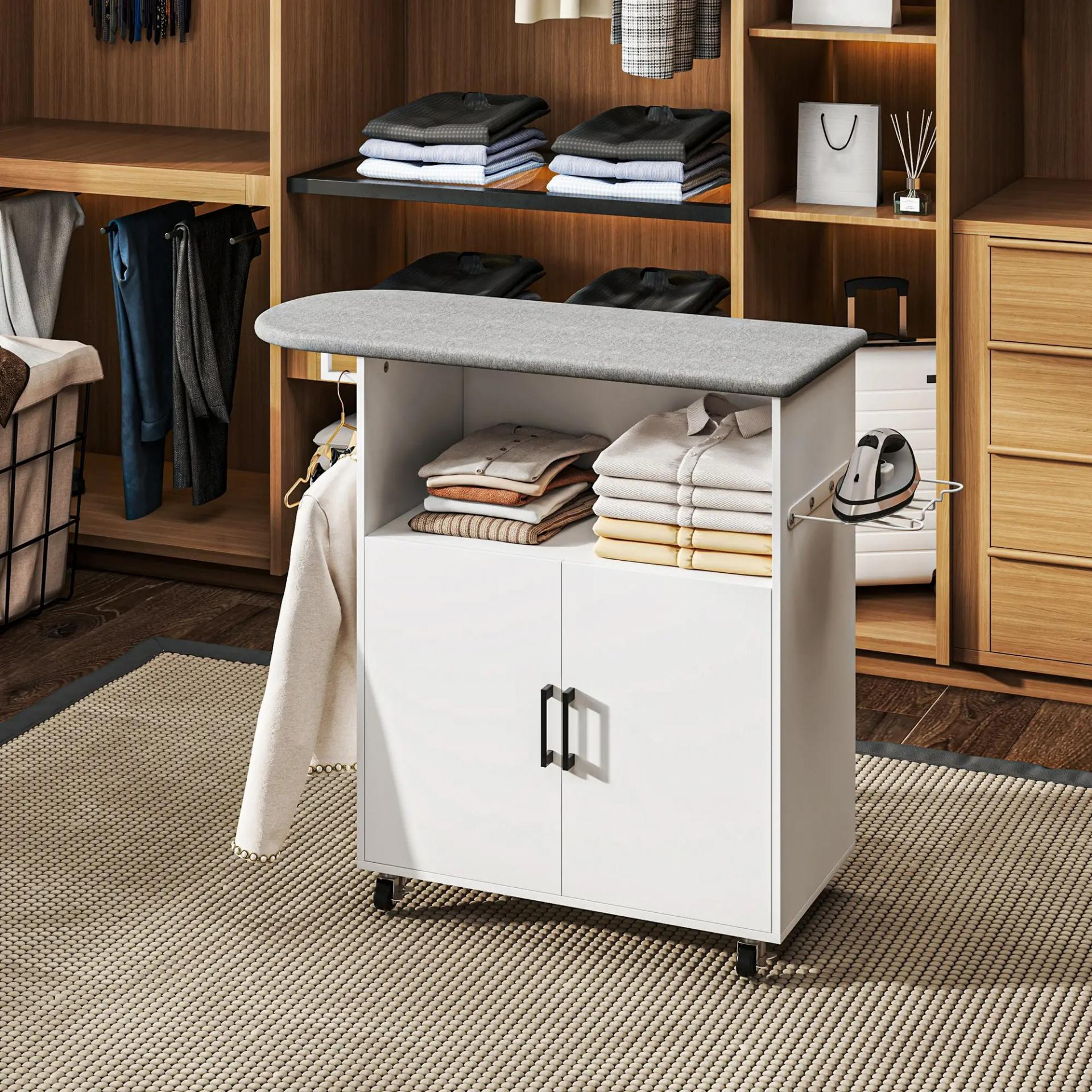 Mueble de Planchar con Ruedas Barra para Colgar Ropa Estante Abierto y Tabla de Planchar 125x43,5x102,5 cm Blanco