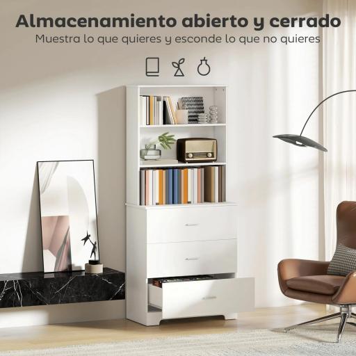 Librería de 6 Niveles con 3 Cajones 3 Estantes Abiertos Armario Alto para Salón Estudio Oficina 79x39,5x182,2 cm Blanco [2]