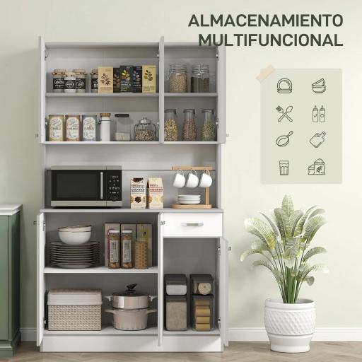 Alacena de Cocina Aparador de Comedor con 1 Cajón 6 Puertas y Estantes Ajustable Estilo Moderno 101x39x180 cm Blanco [2]