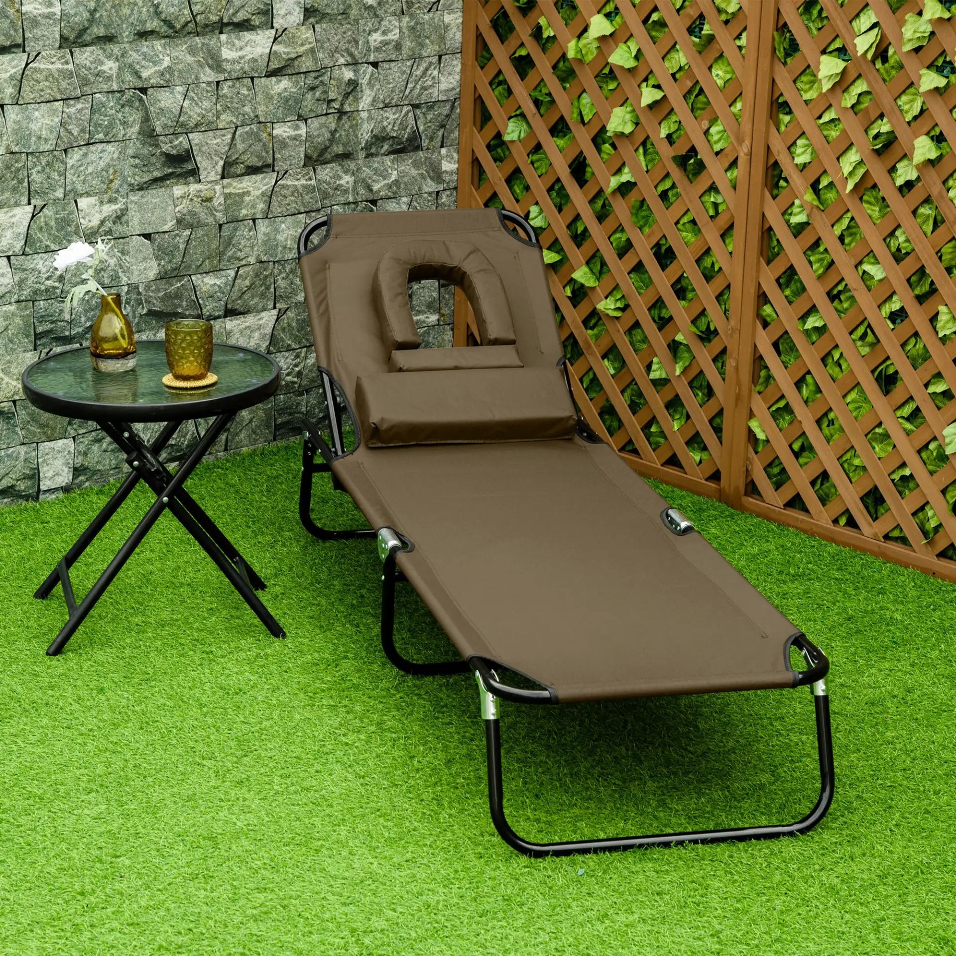 Tumbona Plegable con Respaldo Regulable 4 Posiciones con Orificio de Lectura Almohada Tela Oxford 190x56x28 cm Marrón