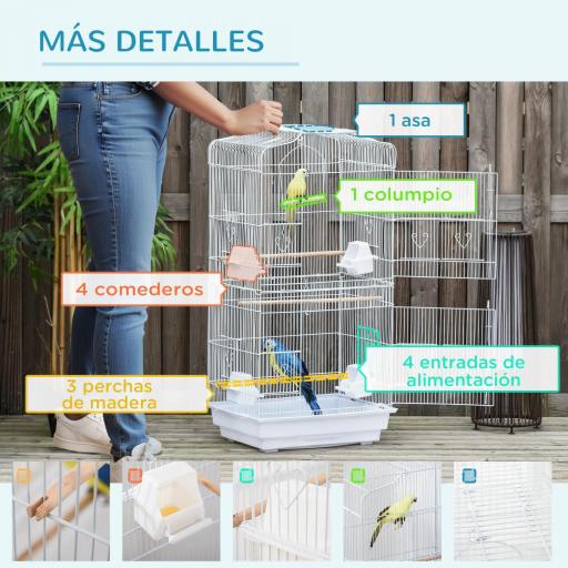 Jaula para Pájaros Pajarera de Metal con 4 Comederos 3 Perchas Columpio y Bandeja Extraíble 46,5x35,5x92 cm Blanco [1]