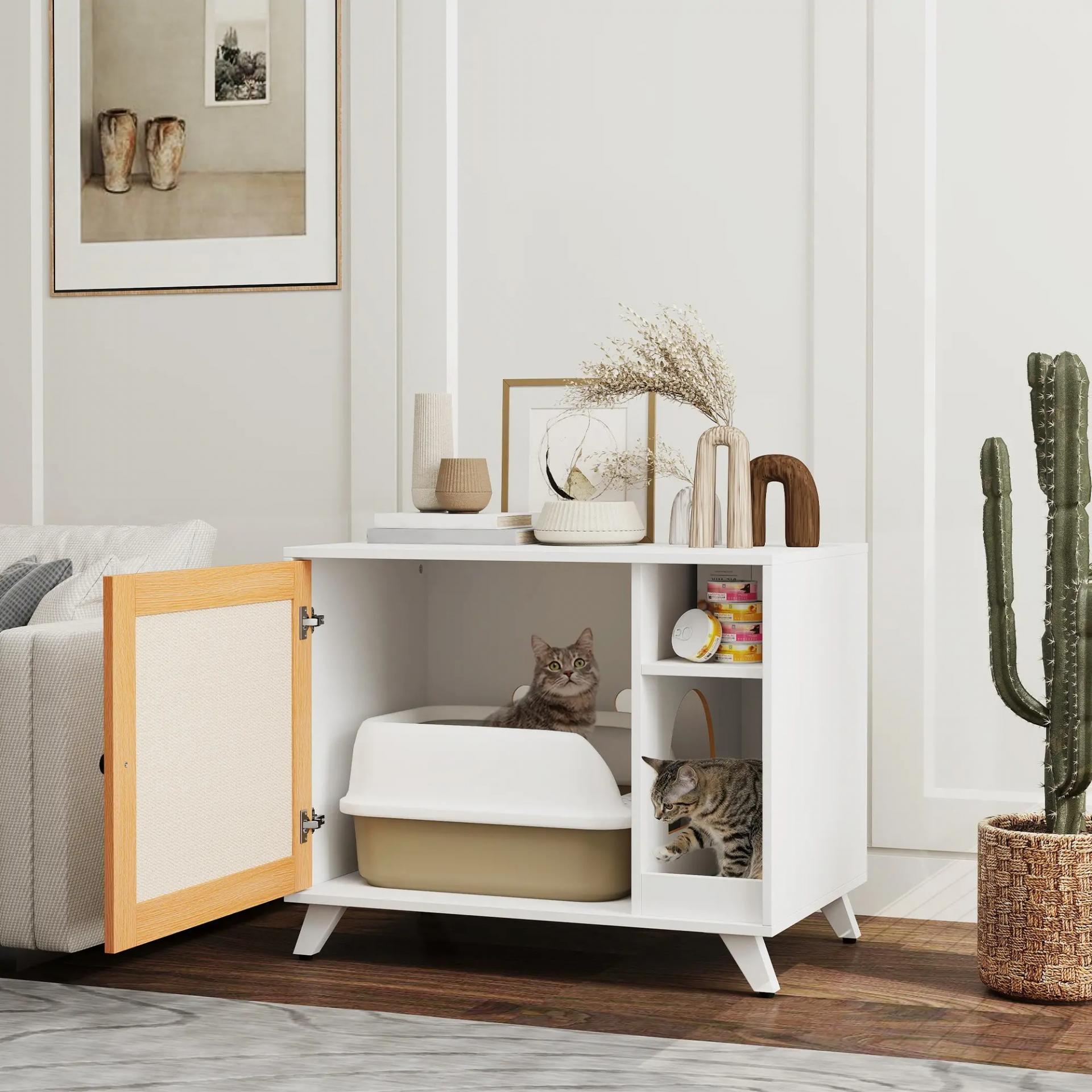 Mueble Arenero para Gatos con Puerta de Sisal Mesa Auxiliar Estante y Alfombrilla Antiarena 77x50x63 cm Blanco