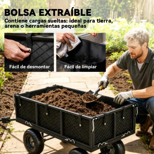 Carrito de Jardín con Ruedas Grandes Bolsa Impermeable Removible y Mango Giratorio Carga 300 kg 105x51x54 cm Negro [1]