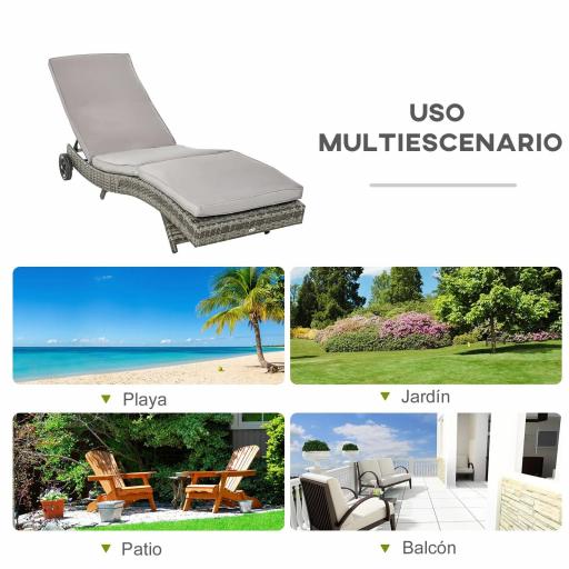 Tumbona de Jardín en Forma de S con 2 Ruedas Respaldo Ajustable en 5 Posiciones y Cojín Extraíble 207x70x70 cm Gris [3]