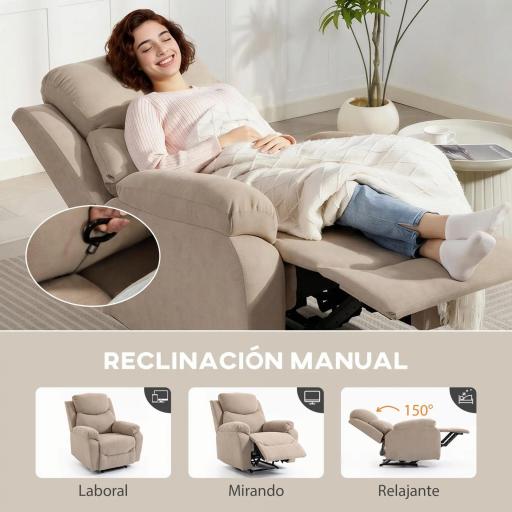 Sillón Relax Reclinable Manual Tapizado en Tela Aspecto Lino Reposapiés Reposabrazos Acolchado Grueso Beige [2]