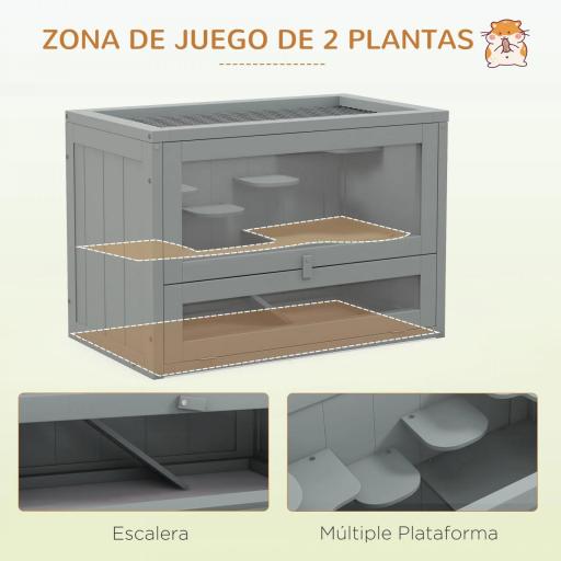 Jaula para Hámster de Madera de 2 Niveles Casa para Animales Pequeños con Plataformas Escaleras 60x35x42 cm Gris [2]