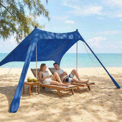Carpa Playa Plegable con Esterilla UPF50+ Postes de Aluminio Pala Estacas y Bolsa de Transporte Azul [5]