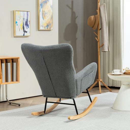 Mecedora de Borreguito con Respaldo Acolchado Almohada y Base de Madera de Caucho Carga 120 kg Gris [6]