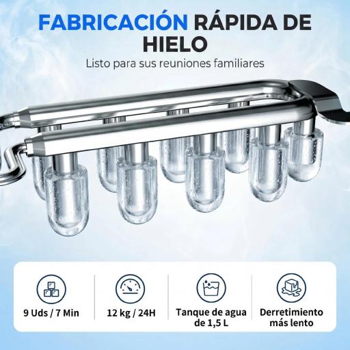 Máquina de Hielo Autolimpiable 12 kg/24H 9 Cubitos Listos en 7 Minutos 2 Tamaños de Hielo 1,5L Depósito Blanco [2]