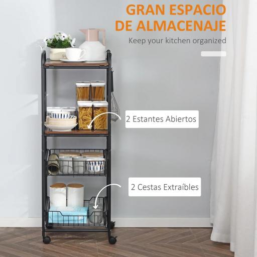 Carrito Auxiliar de Almacenaje con 2 Estantes 2 Cestas Extraíbles y 4 Ganchos 40x38x111 cm Nogal y Negro [5]