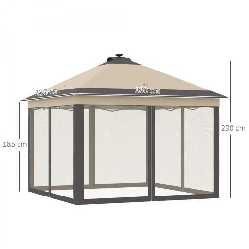 Carpa Plegable con Luces LED 3,3x3,3 m Cenador de Jardín con Control Remoto con 4 Mosquiteras Altura Ajustable Beige [1]
