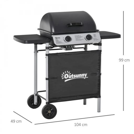 Barbacoa de Gas con 2 Quemadores 5,6 KW 2 Ruedas 2 Mesas Laterales y Parrillas de Acero 104x49x99 cm Negro [1]