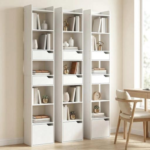 Estantería para Libros con 2 Cajones y Puerta Librería Estrecha con 6 Estantes Abiertos 32x24x181,5 cm Blanco [6]