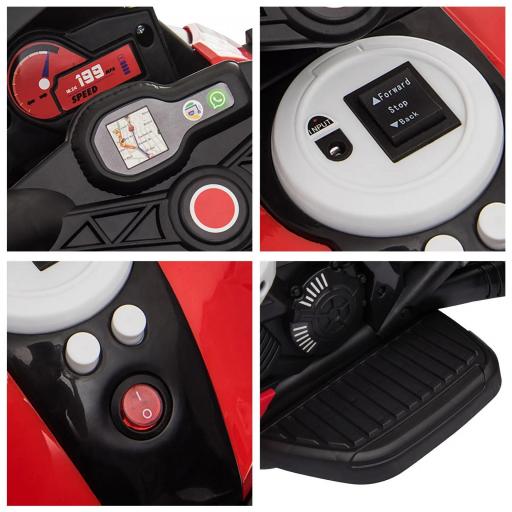 Moto Eléctrica Infantil con 3 Ruedas Trimoto para Niños de +3 Años con Batería 6V Recargable Funciones de Música Bocina Faros 86x42x52 cm Negro y Rojo [3]