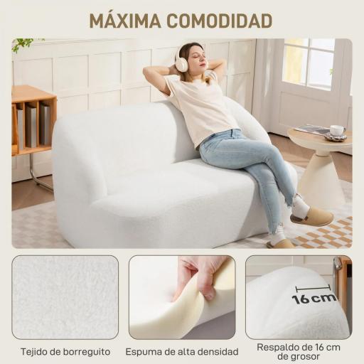 Sofá de 2 Plazas Tapizado en Borreguito de 142 cm con Diseño Curvo Acolchado Grueso No Requiere Montaje Crema [5]