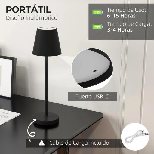 Lámpara de Mesita de Noche Inalámbrica con Luces LED Lámpara de Mesa USB-C Recargable 3 Colores Ø11,2x36,5 cm Negro [2]