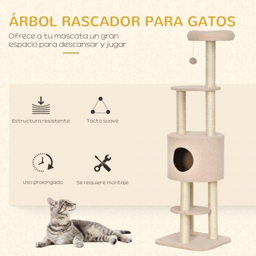 Árbol Rascador para Gatos Altura 148 cm Árbol para Gatos con Postes de Sisal Plataformas Casa y Bola Colgante Beige [2]