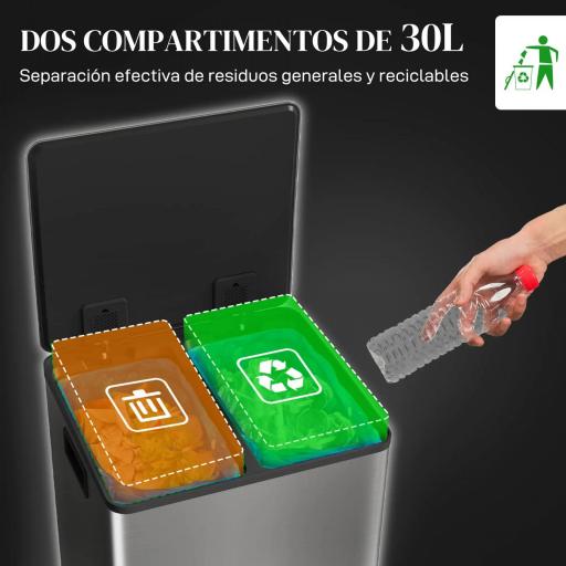 Cubo de Basura de Cocina con 2 Compartimentos 2x30L con Pedal Tapa de Cierre Suave y Cubo Extraíble Plata [2]