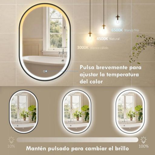 Espejo de Baño con Luz 60x90 cm Espejo de Pared Ovalado 3 Colores de Luz Brillo Regulable Función Antivaho Negro [4]