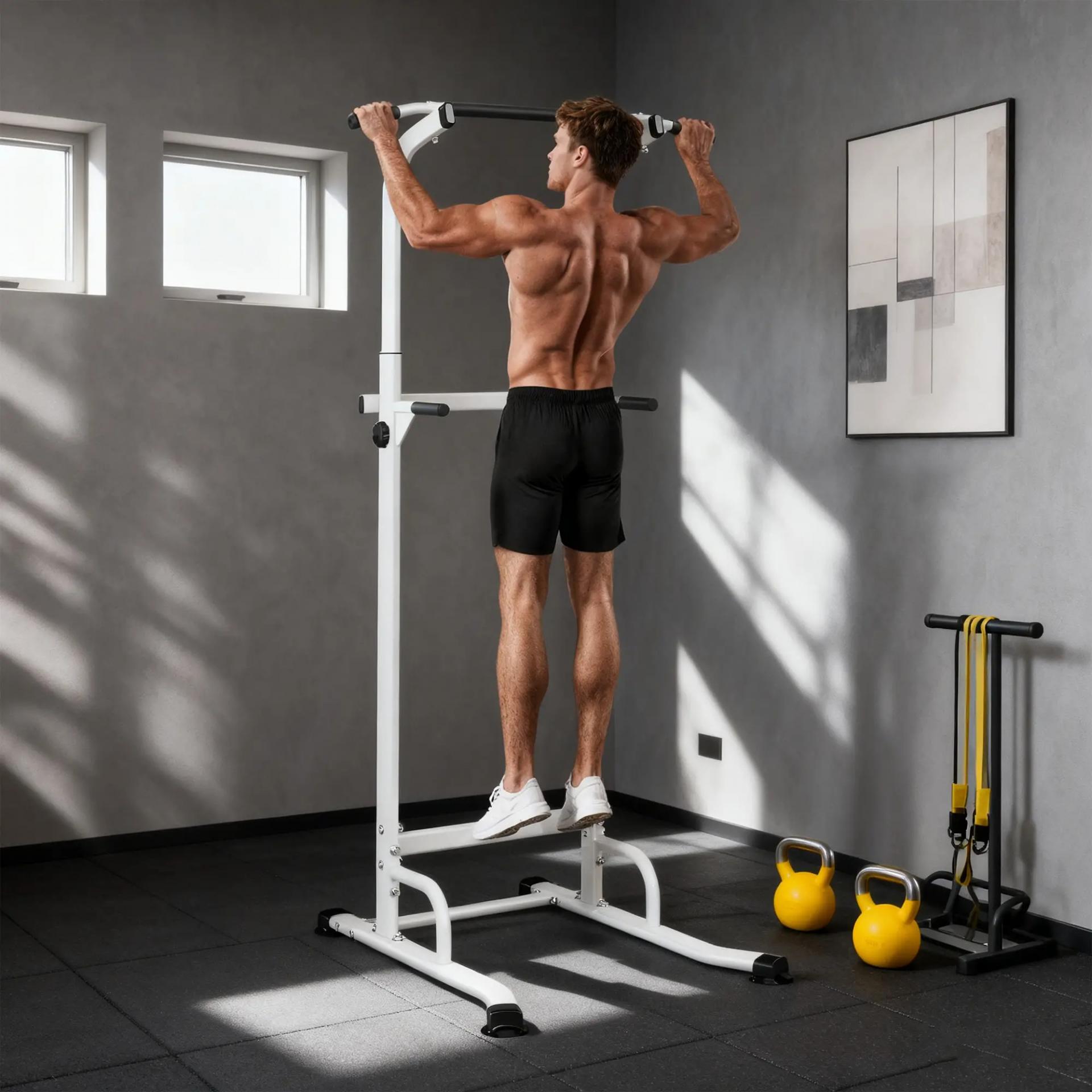 Barra de Dominadas Altura Regulable Estación de Fondos Resistente para Gimnasio en Casa Entrenamiento de Fuerza Blanco