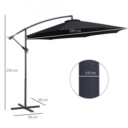 Sombrilla de Jardín Ø295x250 cm Parasol Excéntrico Inclinable con Manivela Base Cruzada y Soporte de Metal 8 Varillas para Terraza Exterior Balcón Negro [1]