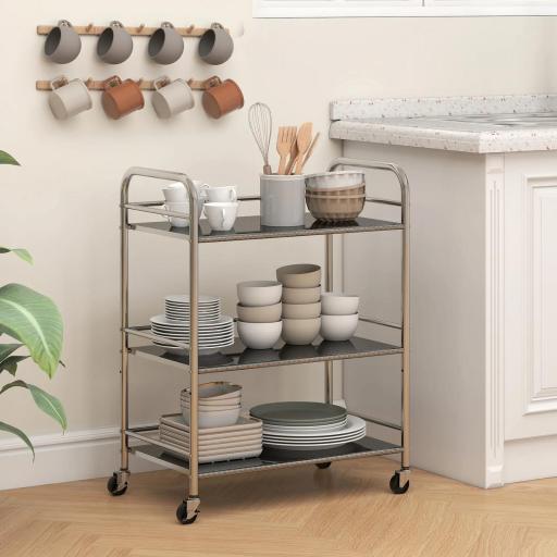 Carrito Auxiliar con Ruedas de Acero Inoxidable Carro de Servicio de 3 Niveles con Estante Ajustable 60x35x77 cm Plata [3]