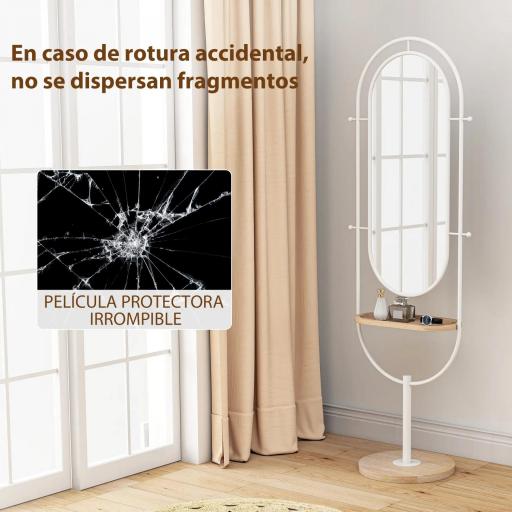 Espejo de Cuerpo Entero 175,5x50 cm con Bandeja de Madera 4 Ganchos y Marco de Metal para Salón Dormitorio Blanco [3]