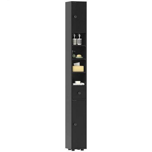 Armario de Baño Alto Columna de Baño Estrecha con 1 Cajón 4 Estantes Abiertos y Estantes Ajustables 20x20x180 cm Negro [9]