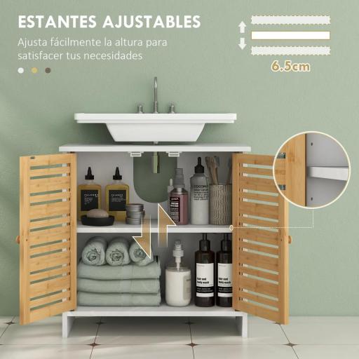 Mueble para Debajo del Lavabo Moderno con Puertas Magnéticas de Bambú y Estante Ajustable 60x30x60 cm Blanco y Natural [5]