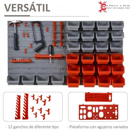 Estantería de Pared para Herramientas de 44 Piezas 95x54 cm con 28 Cajas Apilables y Diferentes Ganchos Gris y Rojo [7]