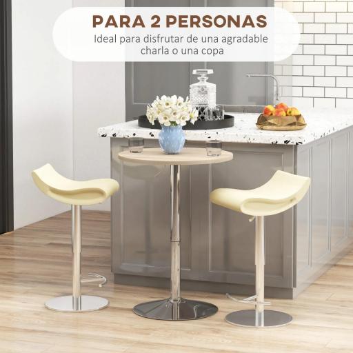 Mesa Alta Cocina Mesa Alta Bar Redonda para 2 Personas Altura Ajustable Tablero Giratorio 360° 60x60x91 cm Roble Claro [3]