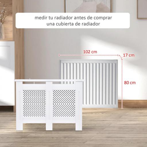 Cubre Radiadores, 111.5x19x82 cm, Cubierta para Radiador Moderna de MDF, con Estante Superior y Listones, para Salón, Dormitorio, Pasillo, Blanco [3]