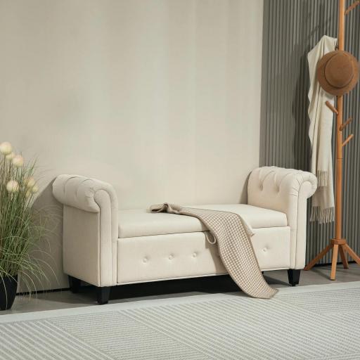 Banqueta de Almacenaje con Reposabrazos Enrollados para Dormitorio Salón Pasillo 146,5x49x74,5 cm Beige