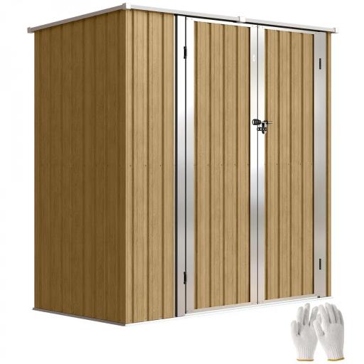 Cobertizo de Jardín Exterior Metálico 1,37 m² 163x89x163 cm con Techo Inclinado, Puertas con Pestillo y Guantes Marrón [9]