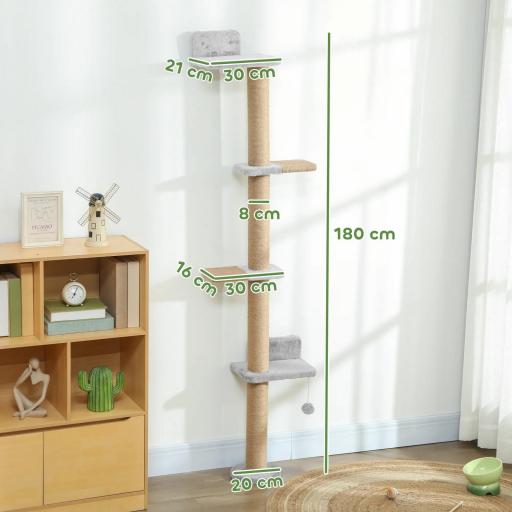 Árbol para Gatos de Pared de 5 Niveles Rascador para Gatos Estrecho con Bola y Rascadores 48x21x180 cm Gris Claro [4]