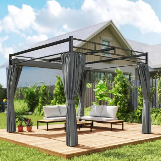 Pérgola de Jardín 3x3 m con Techo Retráctil y Cortinas Protección UV30+ Estructura Metálica para Patio Terraza Gris [4]