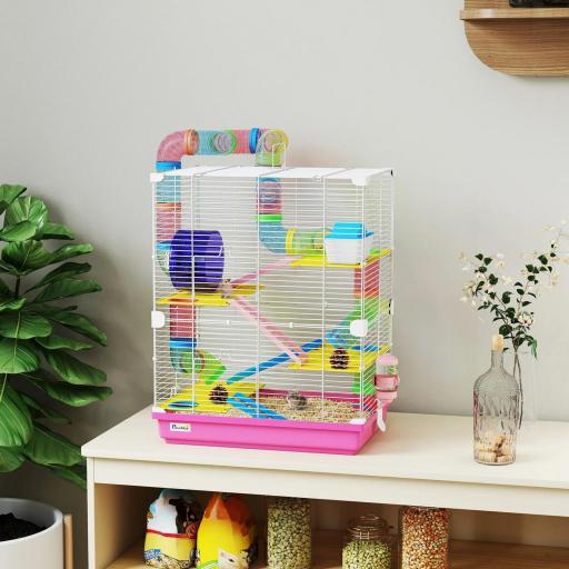 Jaula de Hámster con Túnel Plataformas Cuenco Bebedero Casita Rampas y Rueda de Ejercicio 46x30x58 cm Rosa