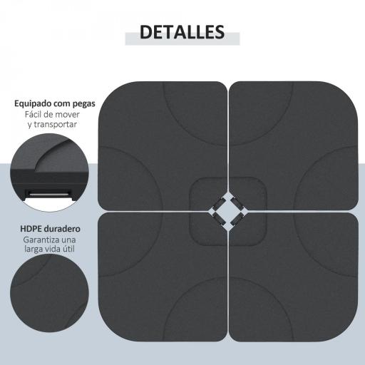 Conjunto de 4 Pesos Rellenables con Agua o Arena de HDPE para Sombrillas con Base Cruzada 50x50x7,5 cm c/u Negro [3]