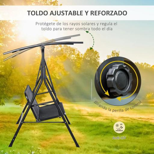 Columpio de Jardín de Exterior de 2 Plazas Silla Balancín con Parasol Techo Ajustable en Ángulo Terraza Balcón Exterior Carga 200 kg 172x110x155 cm Negro [2]