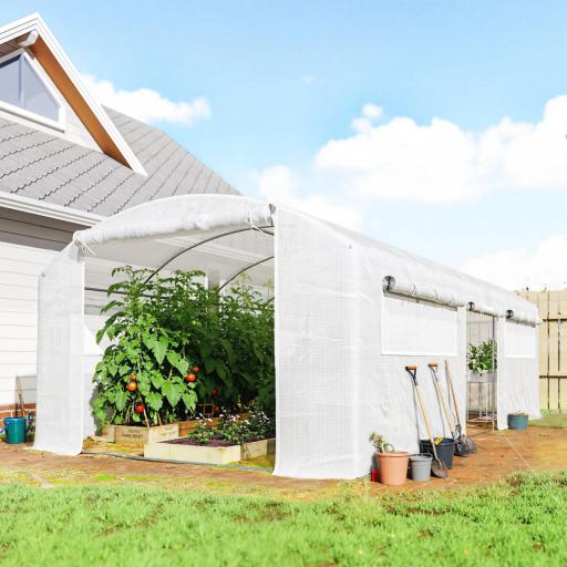 Invernadero de Túnel 6x3x2 m con 3 Puertas Enrollables 6 Ventanas de Malla y Estructura de Acero Galvanizado Blanco