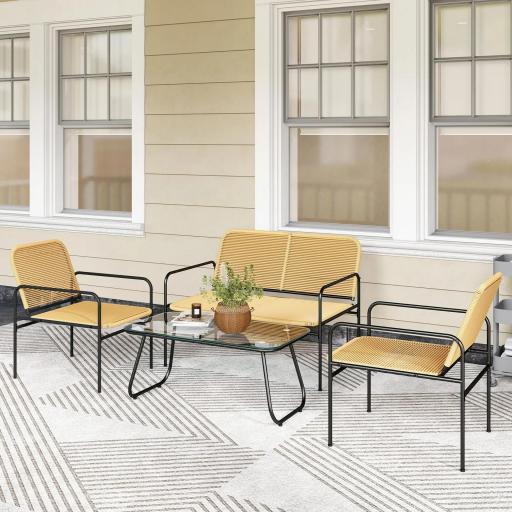 Conjunto de Muebles Jardín Exterior de Ratán de 4 Piezas con Sofá Sillones y Mesa de Tablero de Vidrio Natural [0]