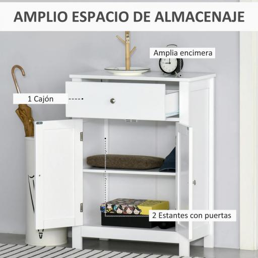 Armario de Baño con 1 Cajón 2 Puertas y Estante Interior Ajustable Mueble Auxiliar de Almacenaje Multifuncional para Salón Cocina Antivuelco 60x30x80 cm Blanco [4]