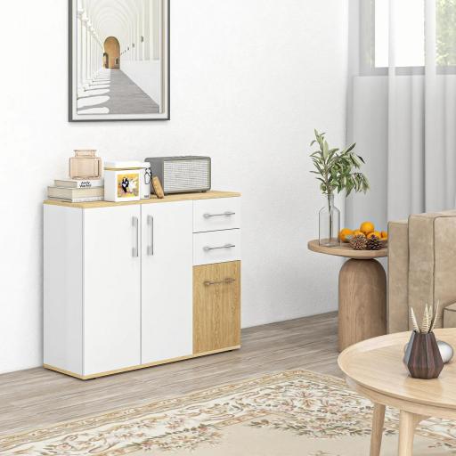 Aparador de Cocina con 2 Cajones 2 Armarios y Estantes Ajustables para Comedor 90x30x75,5 cm Blanco y Natural [0]
