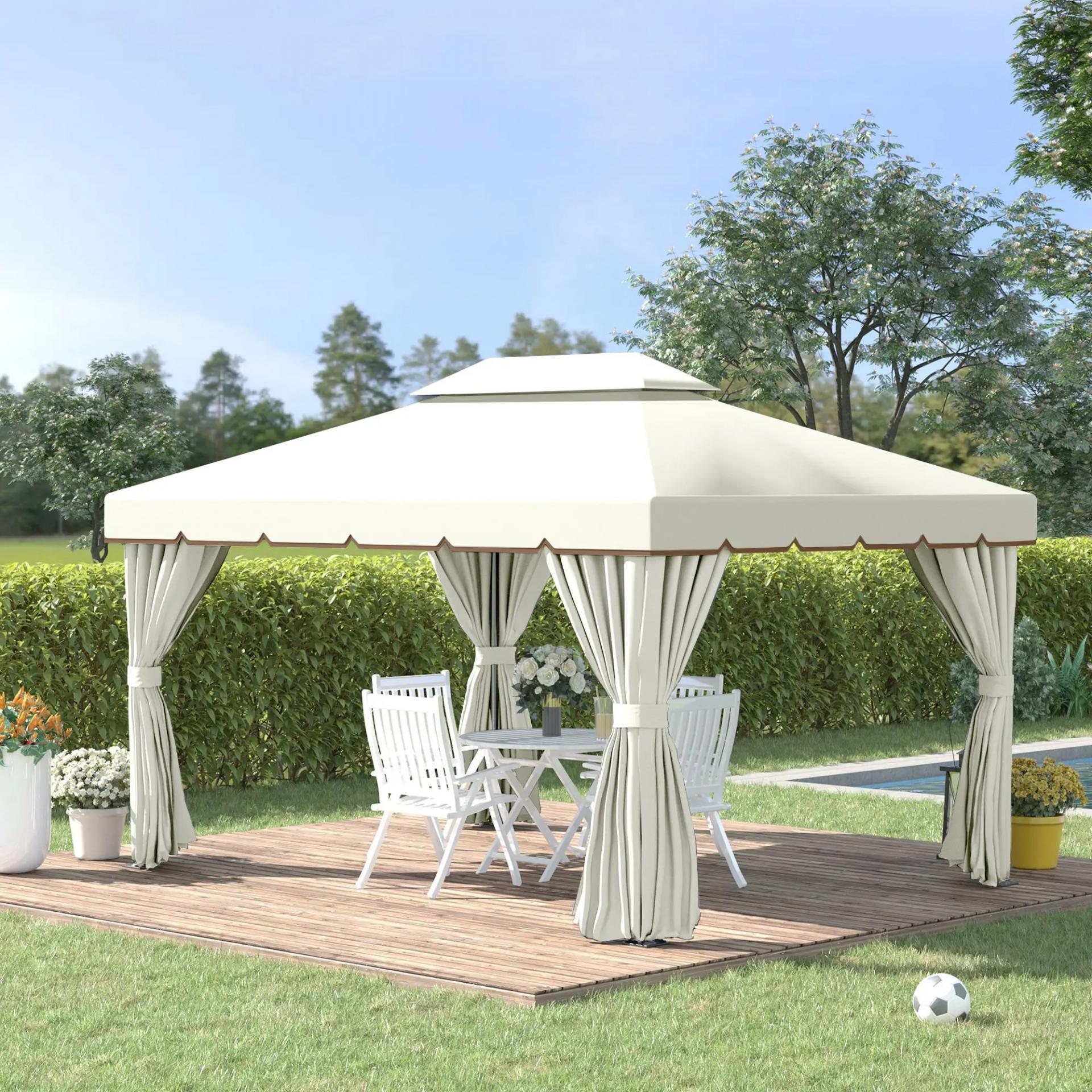 Cenador de Jardín 4x3m Pabellón de Jardín Gazebo con Doble Techo Estructura de Aluminio UPF50+ para Exterior Crema