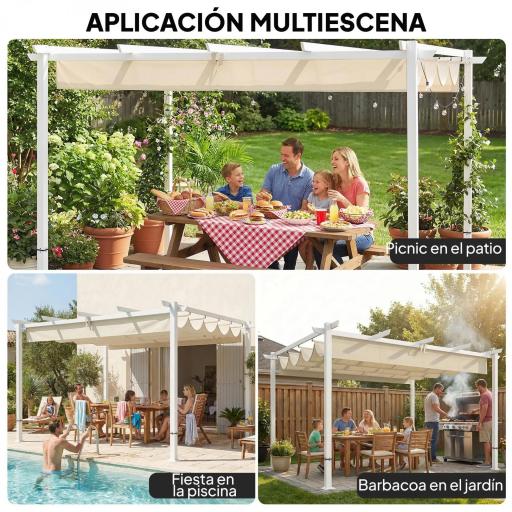 Pérgola de Jardín 4x3 m con Techo Retráctil Protección UPF30+ Drenaje Cenador de Jardín para Patio Exterior Beige [5]