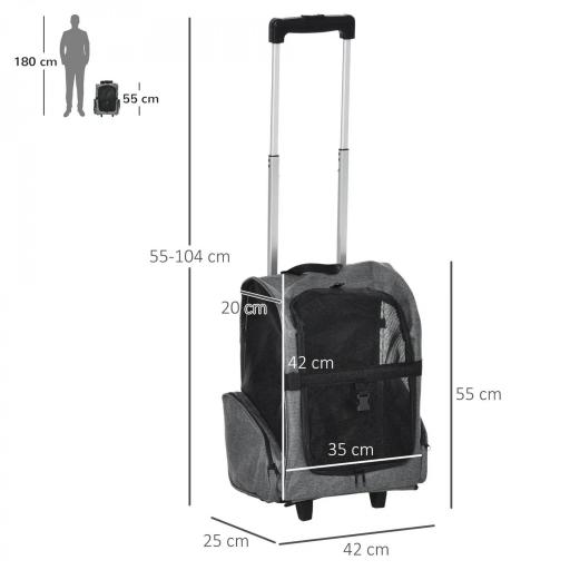 Transportín Carrito para Mascotas 2 en 1 Mochila de Viaje con 2 Ruedas para Perros Gatos con Asa Retráctil de Aluminio y Bolsillos de Almacenaje 42x25x55 cm Gris [3]
