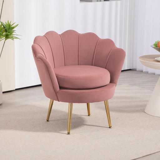 Butaca Tapizada en Terciopelo Butaca de Dormitorio con Respaldo en Forma de Concha y Patas Doradas 76x67x74 cm Rosa